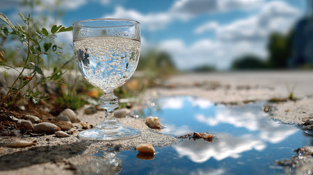 A stunning crystal glass filled with water sits on wet ground, reflecting beautiful clouds above, showcasing nature's serene and tranquil beauty.の素材