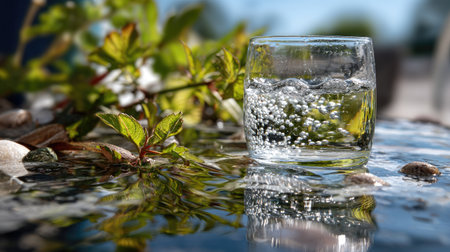 A clear glass of sparkling water filled with bubbles rests on a reflective surface amidst lush greenery, capturing a serene outdoor essence.の素材