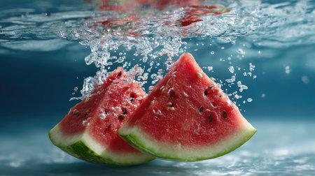 Two vibrant watermelon slices submerged in clear water create a refreshing and appetizing scene. Bubbles rise around the fruit, highlighting its juicy texture.の素材