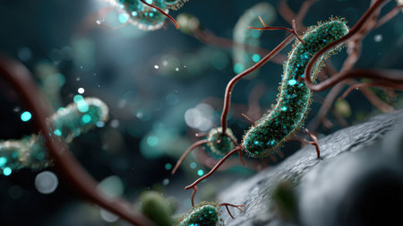 This captivating close-up depicts colorful bacteria thriving on a dark surface, illuminated by glowing particles, revealing the fascinating world of microorganisms.の素材