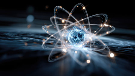 This stunning illustration showcases an atomic model with glowing electrons in dynamic motion, set against a dark background. The design captures the essence of scientific discovery and innovation, illustrating complex concepts of particle physics and energy. Perfect for educational and technological themes.の素材