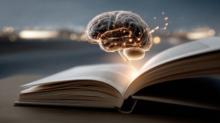This artistic image illustrates a brain with flowing light above an open book, representing the fusion of knowledge and creativity in a digital age.の素材