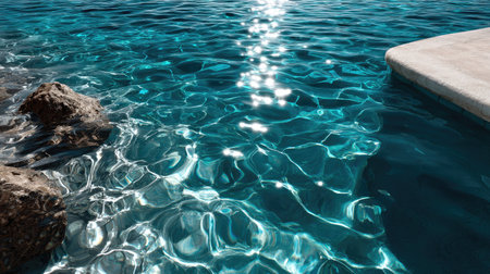 A serene view of crystal clear water reflecting sunlight, with rocky elements along the shore, evoking a sense of tranquility and natural beauty.の素材
