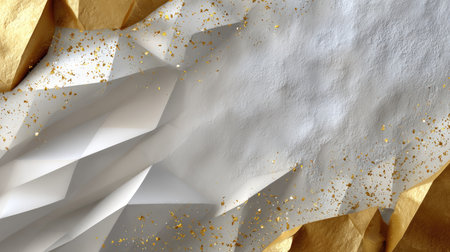 Capture the elegance of this abstract background featuring crumpled white and gold paper textures, perfect for modern design projects and luxury branding.の素材