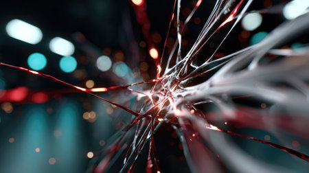 This image features an abstract representation of colorful light trails forming intricate connections, creating a dynamic and modern digital atmosphere.の素材