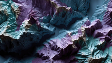 A stunning abstract 3D representation of colorful terrain, showcasing intricate patterns and textures inspired by natural mountainous landscapes, ideal for creative projects.の素材