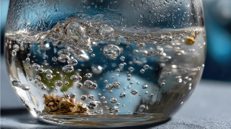 A mesmerizing close-up shot of bubbles rising in sparkling water, showcasing reflections of vibrant blue and green hues in a clear glass.の素材