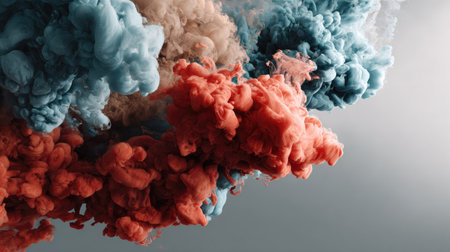 This striking image showcases vibrant red and blue smoke clouds swirling gracefully against a neutral backdrop, creating a captivating abstract scene full of dynamic movement.の素材