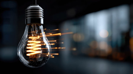 A striking image of a modern light bulb with a vibrant glow and motion blur, set against a dark interior background, showcasing contemporary design aesthetics.の素材