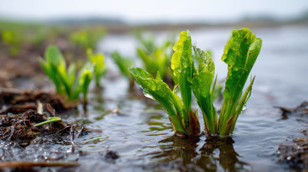 Fresh green lettuce plants thrive in wet soil with glistening water droplets, showcasing healthy growth in a serene agricultural setting under natural light.の素材