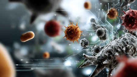 This abstract image features a blend of colorful microorganisms and digital technology elements, representing the intersection of biology and innovation in science.の素材