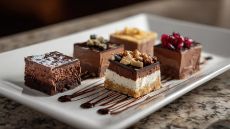 This visually stunning image features an assortment of chocolate and cream layered desserts, perfectly arranged on a white plate, ideal for showcasing culinary creativity.の素材