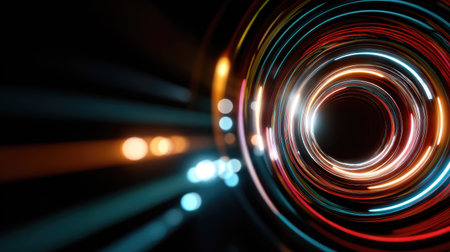 Dynamic and colorful abstract light trails form a spiral pattern, creating a mesmerizing visual effect that evokes feelings of energy and movement.の素材