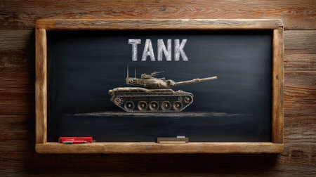 A detailed chalkboard drawing of a military tank set within a classroom environment. The illustration depicts an armored vehicle, showcasing artistic creativity and educational themes.の素材