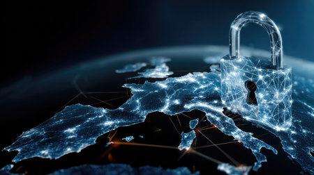 This image illustrates the concept of data protection and security, featuring a digital lock overlaying a map of Europe, symbolizing cybersecurity and privacy.の素材