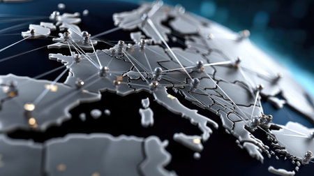This detailed close-up image showcases network connections across Europe on a digital globe, emphasizing modern technology and communication systems.の素材