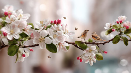 This enchanting image features two birds perched on a delicate flowering branch, surrounded by pink and white blossoms and gentle butterflies, capturing the essence of springtime tranquility.の素材