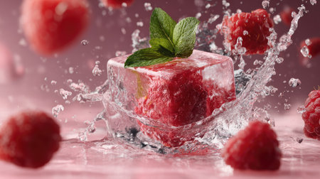 A dynamic image capturing a refreshing splash featuring a fresh raspberry encased in an ice cube. Mint leaves enhance the vibrant visual while water droplets add a lively touch, perfect for summer beverage promotions.の素材