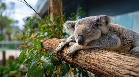 A serene koala is peacefully sleeping on a sturdy tree branch, surrounded by lush green leaves, showcasing the beauty of wildlife in natural settings.の素材