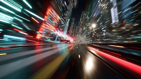 Captivating urban scene showcasing a vibrant city at night, filled with light trails and streaks of motion, emphasizing the dynamic energy of the metropolis.の素材