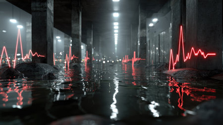 This striking image features a flooded urban landscape illuminated by red heartbeat lines, creating a dramatic interplay of light and shadow.の素材