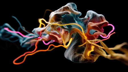 This vibrant abstract image displays dynamic swirls and colorful streams of light in a captivating design, creating a sense of fluid motion and energy.の素材