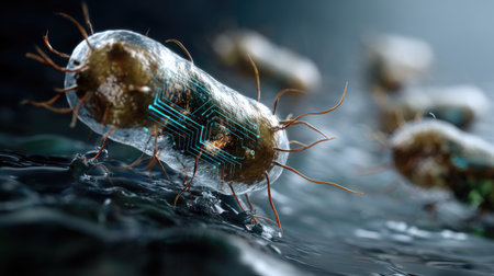 This captivating image showcases futuristic microorganisms featuring intricate circuitry on their surfaces, set against a dynamic underwater backdrop.の素材