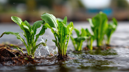 This captivating image shows vibrant green plants emerging from water, with splashes of droplets highlighting growth and freshness in a tranquil outdoor environment.の素材