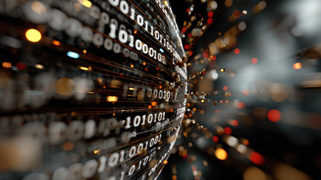 This image features an abstract representation of digital data with binary code and glowing particles, creating a futuristic and immersive atmosphere.の素材