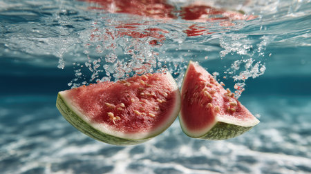 Two vibrant watermelon slices splash playfully under the clear blue water, creating bubbles that capture the refreshing essence of summer.の素材