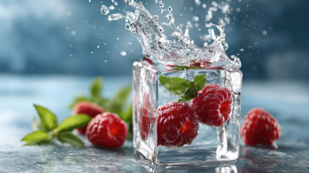 A vibrant scene capturing fresh raspberries splashing in water alongside an ice cube and mint leaves, creating a refreshing and appetizing image.の素材