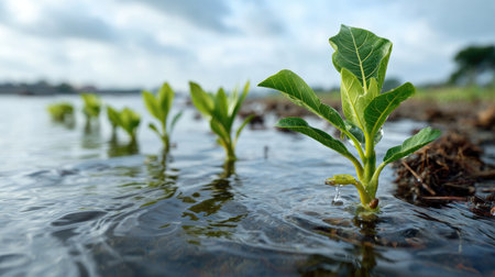 A close-up image of young green plants emerging from the water along the shoreline, surrounded by a serene natural landscape under a cloudy sky.の素材