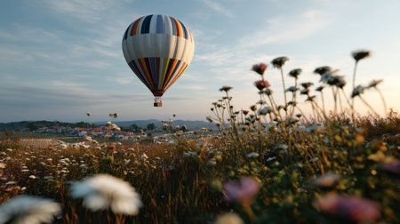 A vibrant hot air balloon ascends gracefully above a field of blooming wildflowers during sunrise, creating a stunning visual experience of nature and adventure.の素材