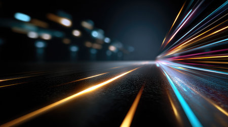 This captivating image features dynamic streaks of light that evoke a sense of speed and motion over a dark textured surface, creating a futuristic atmosphere.の素材