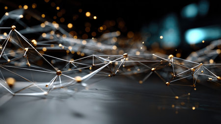 This image captures an abstract scene of interconnected nodes and strands, evoking a sense of digital innovation and creativity. The glowing elements create a mesmerizing effect, perfect for technology-focused projects.の素材