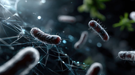 This image showcases microscopic bacteria in a digital environment, illuminated by blue light. Organic structures and abstract networks create an intriguing visual that embodies the intersection of science and technology.の素材