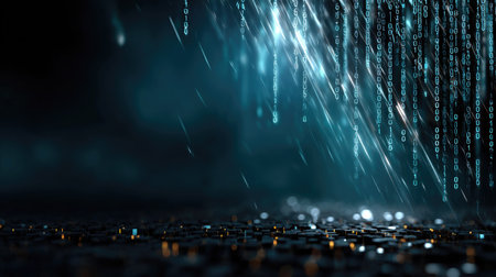 This captivating image features a dark background with glowing binary code cascading like digital rain. Ideal for technology and futuristic concepts.の素材