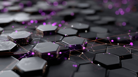 This captivating abstract image features hexagonal shapes illuminated by vibrant purple lights against a dark background, creating a stunning visual effect.の素材