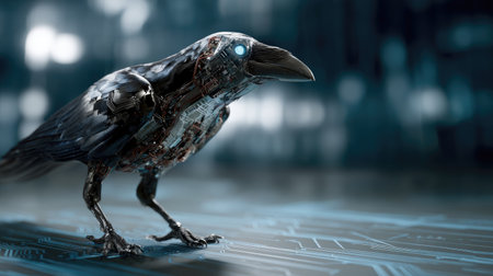 This striking image features a futuristic robotic raven with glowing eyes, set against a detailed circuit pattern background, highlighting technological advancement.の素材