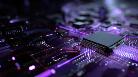 Close-up view of a vibrant computer circuit board showcasing microchips and electrical pathways illuminated in neon colors, representing advanced technology.の素材