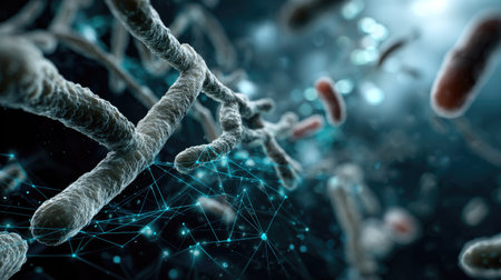 This captivating image showcases a microscopic view of bacteria intertwined with digital connections, symbolizing the intersection of biology and technology in modern research.の素材