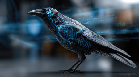 A stunning illustration of a raven featuring digital circuitry that blends nature and technology, showcasing a unique and imaginative design aesthetic.の素材