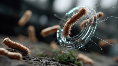 This image showcases an abstract and futuristic representation of bacteria, blending natural elements with digital technology. A captivating design emphasizes innovation in the microbial world.の素材