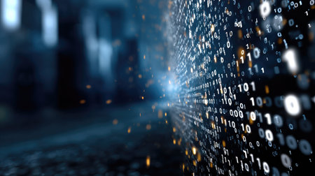 Stunning abstract digital background depicting a binary data stream. Perfect for representing technology, computing concepts, and information processes in various contexts.の素材