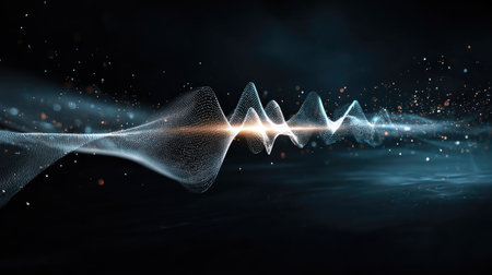 This striking image depicts an abstract representation of sound waves, showcasing dynamic particles and light effects against a dark background, perfect for creative use.の素材