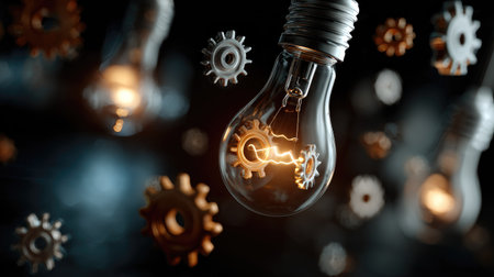 This artistic image showcases light bulbs intertwined with gears, symbolizing the synergy of creativity and technology in a modern, innovative setting.の素材