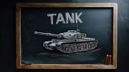 This image features a creative chalkboard illustration of a military tank alongside the wordの素材