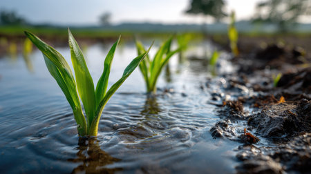 Fresh green plants rise from clear water in a tranquil agricultural setting, capturing the essence of growth and sustainability in nature's beauty.の素材