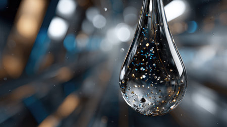 This captivating image features a glistening droplet of liquid, filled with bubbles, set against a mesmerizing abstract backdrop of blurred lights.の素材