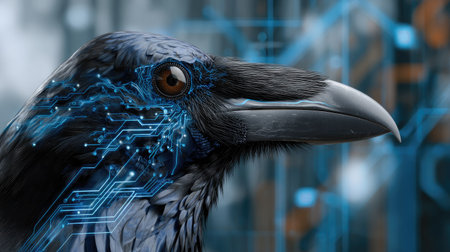 A stunning close-up of a raven with intricate digital circuitry, symbolizing the fusion of nature and technology. The image evokes themes of intelligence and innovation.の素材